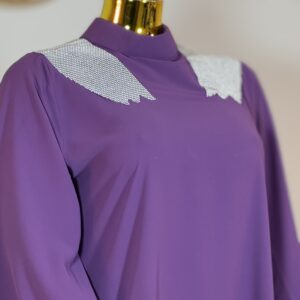 Light purple straight abaya with rhinestone shoulder detail front view