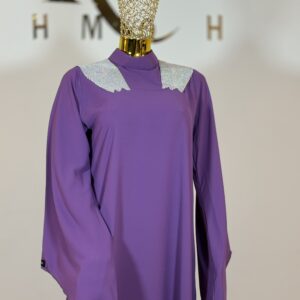 Light purple straight abaya with rhinestone shoulder detail front view
