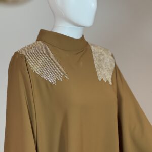 Russet straight abaya with rhinestone shoulder close-up details