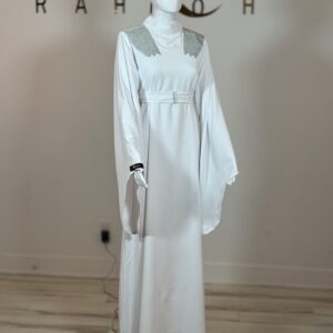 White two-piece abaya with belt full view