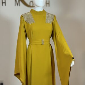 Mustard two-piece abaya with belt view