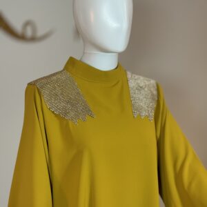 Mustard straight abaya with rhinestone shoulder close-up details