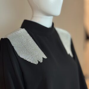 Black straight abaya with rhinestone shoulder close-up details