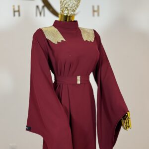 Maroon two-piece abaya with belt view