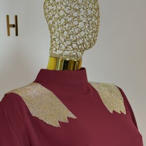 Maroon straight abaya with rhinestone shoulder close-up details
